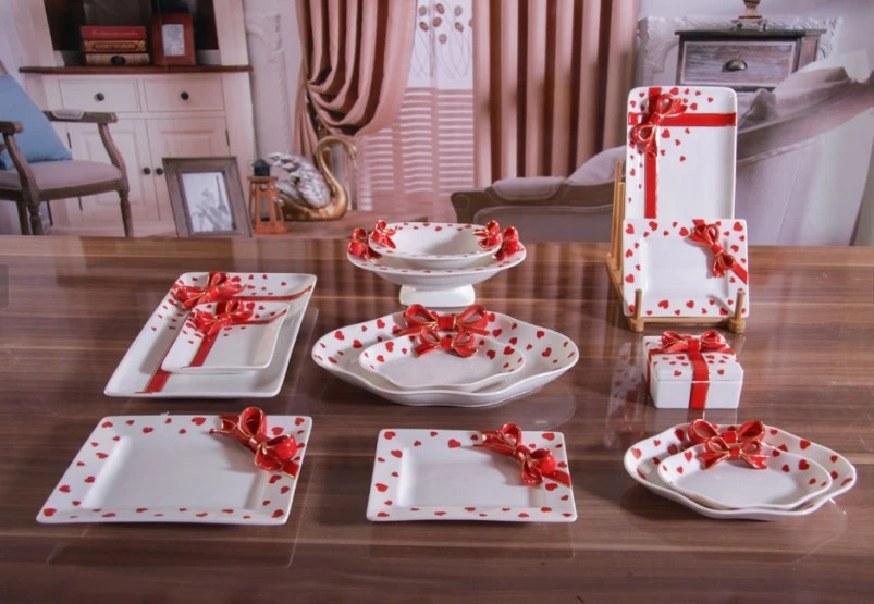elegant Hand Built Ceramic Dinner Plate heart design with bowknot decoration elegant Hand Built Ceramic Dinner Plate heart design with bowknot decoration